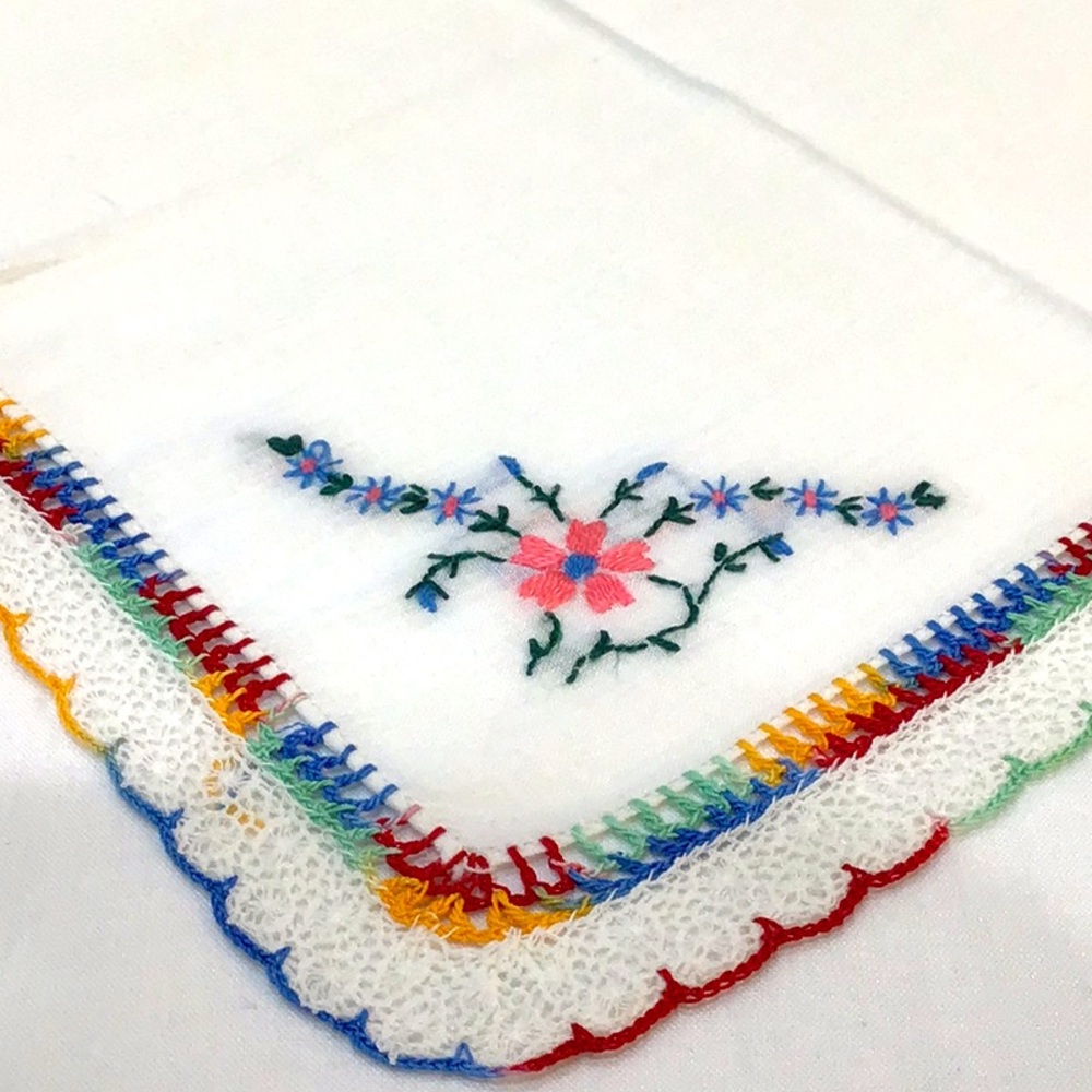 Unique lace & embroidery handkerchief bright colors!